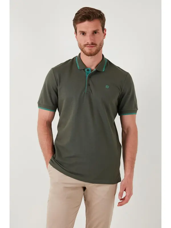 % 100 Pamuk Düğmeli Slim Fit Erkek Polo Yaka Tişört 5902118-Haki - 6