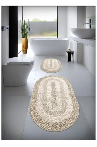 %100 Pamuk El Tafting Su Emici Banyo Paspas Seti, Banyo Halısı Cottonway 2 Li Set 60x100 - 60x50-Bej 