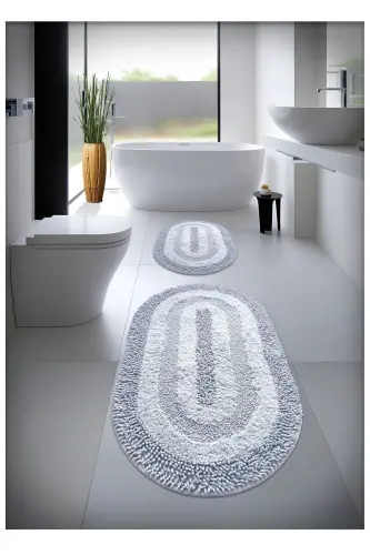%100 Pamuk El Tafting Su emici Banyo Paspas Seti, Banyo Halısı Cottonway 2 Li Set 60x100 - 60x50-Gri 
