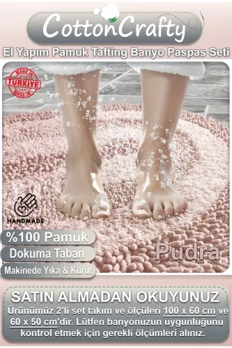 %100 Pamuk El Tafting Su Emici Banyo Paspas Seti, Banyo Halısı Cottonway 2 Li Set 60x100 - 60x50-Pudra - 2