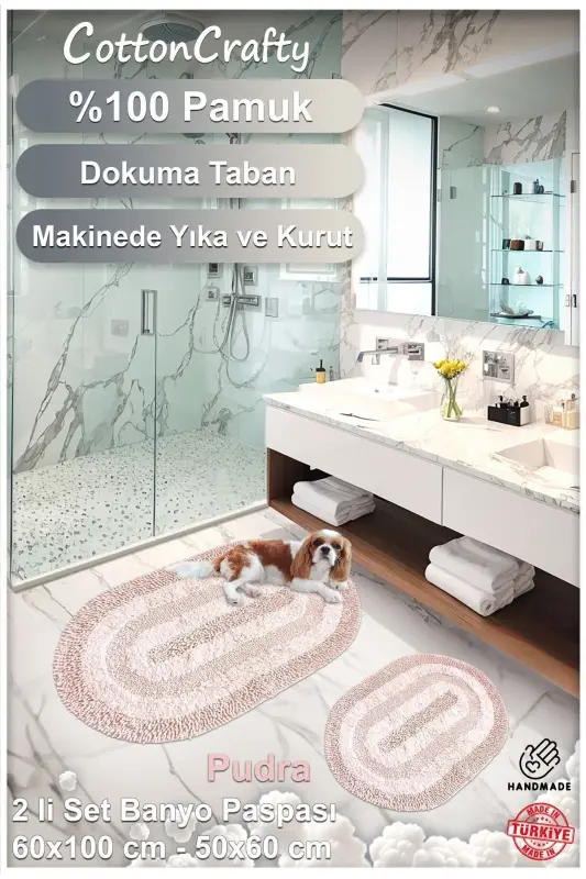 %100 Pamuk El Tafting Su Emici Banyo Paspas Seti, Banyo Halısı Cottonway 2 Li Set 60x100 - 60x50-Pudra - 3
