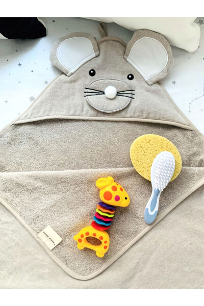 %100 Pamuk Fare Nakışlı Desenli Bebek Bej Havlu Kundak 75x75cm-Gri 