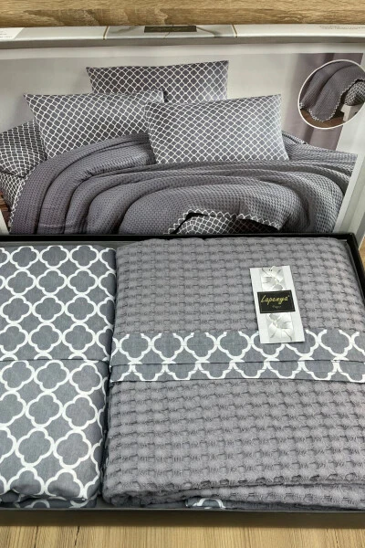 %100 Pamuk Havuz Dokuma Çarşafı Lastikli Çift Kişilik Pike Takımı-Gri - LAPENYA HOME (1)