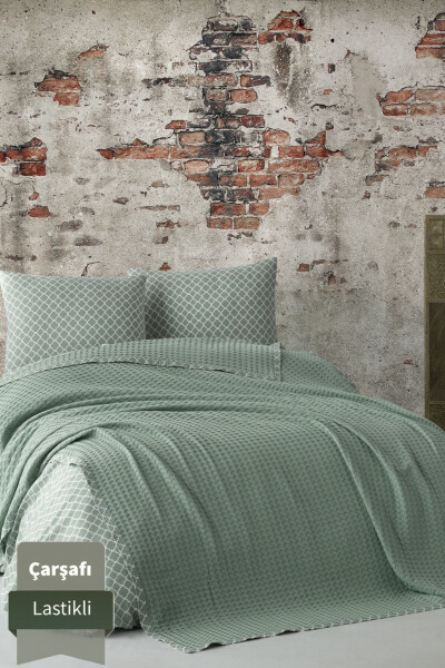 %100 Pamuk Havuz Dokuma Çarşafı Lastikli Çift Kişilik Pike Takımı.-Yeşil - 6