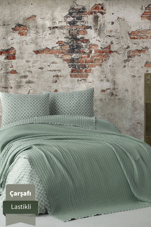 %100 Pamuk Havuz Dokuma Çarşafı Lastikli Çift Kişilik Pike Takımı.-Yeşil - 6