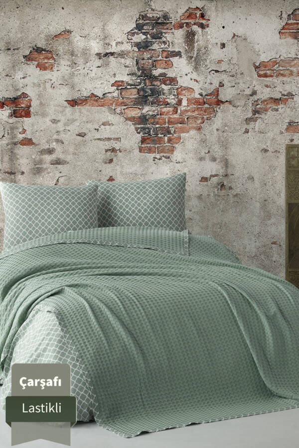 %100 Pamuk Havuz Dokuma Çarşafı Lastikli Çift Kişilik Pike Takımı.-Yeşil - 1
