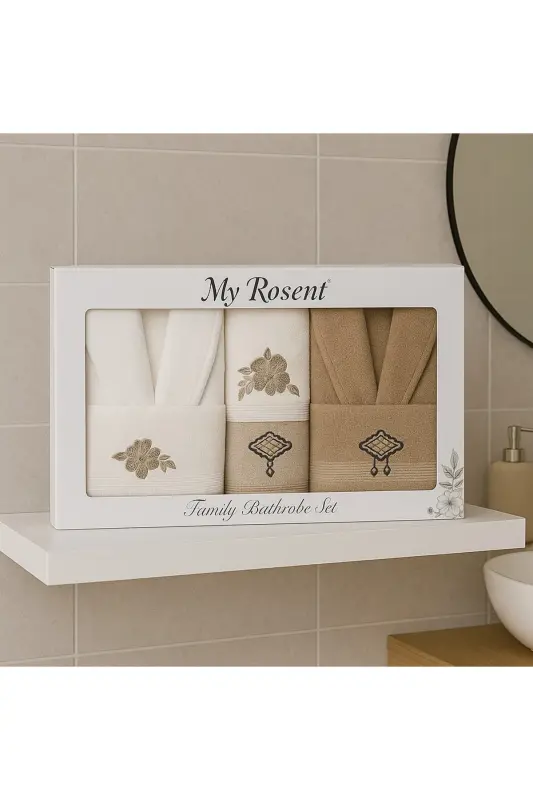 %100 Pamuk Kadın-Erkek Aile Bornoz Seti-Pudra - 2