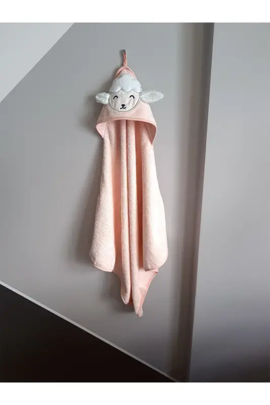 %100 Pamuk Pembe Kuzu Desen Nakışlı Bebek Havlu Kundak 75x75cm - Pembe - 2