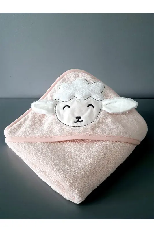%100 Pamuk Pembe Kuzu Desen Nakışlı Bebek Havlu Kundak 75x75cm - Pembe - 3