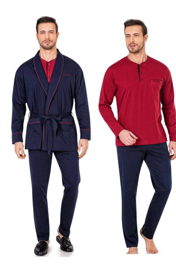 %100 Pamuk Penye Pijama Takım ve Ropdöşambır Çeyizlik Damat Seti - Lacivert - 1