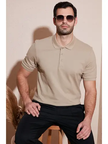 Bej %100 Pamuk Regular Fit Düğmeli Erkek Polo Yaka Tişört 5902127-Bej - 1