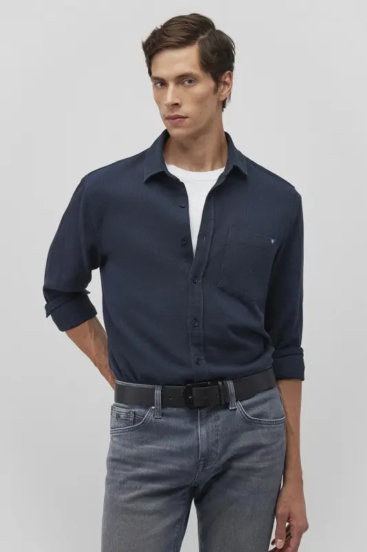 % 100 Pamuk Slim Fit Tek Cepli Gömlek Erkek GÖMLEK 0211237 - LACİVERT - 2