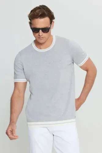 %100 Pamuk Standart Fit Normal Kesim Bisiklet Yaka Açık Gri Melanj Erkek T-Shirt-Açık Gri Melanj - 3