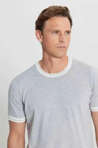 %100 Pamuk Standart Fit Normal Kesim Bisiklet Yaka Açık Gri Melanj Erkek T-Shirt-Açık Gri Melanj - 4