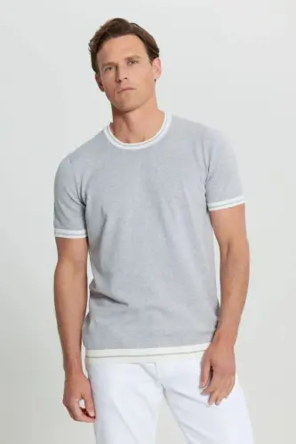 %100 Pamuk Standart Fit Normal Kesim Bisiklet Yaka Açık Gri Melanj Erkek T-Shirt-Açık Gri Melanj 