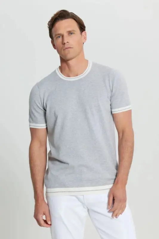 %100 Pamuk Standart Fit Normal Kesim Bisiklet Yaka Açık Gri Melanj Erkek T-Shirt-Açık Gri Melanj - 1