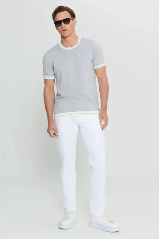 %100 Pamuk Standart Fit Normal Kesim Bisiklet Yaka Açık Gri Melanj Erkek T-Shirt-Açık Gri Melanj - 2