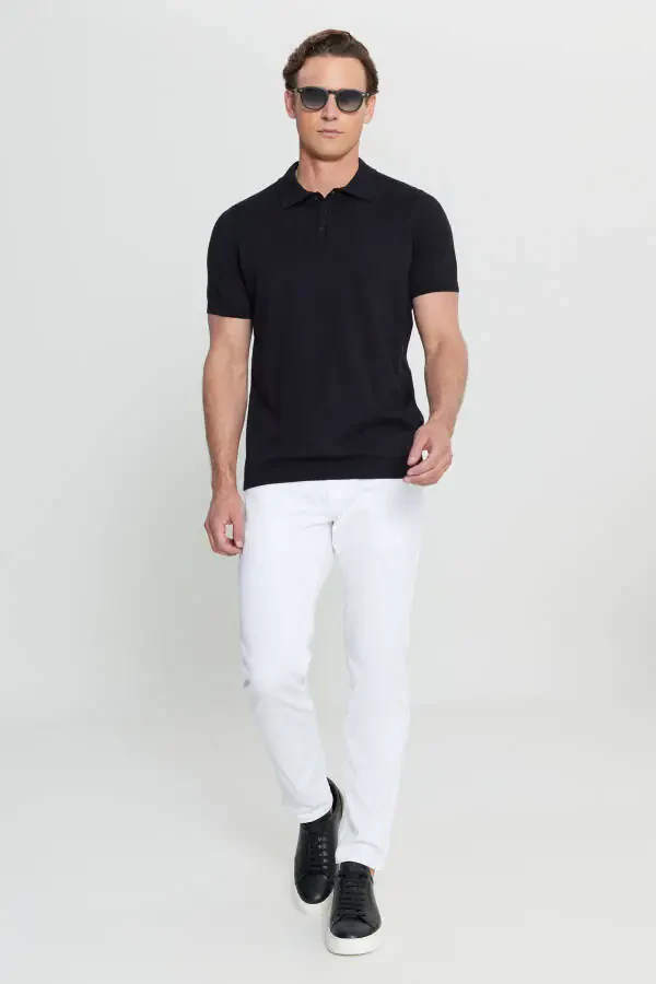 %100 Pamuk Standart Fit Normal Kesim Polo Yaka Triko Beyaz Triko Tişört-Siyah - 2