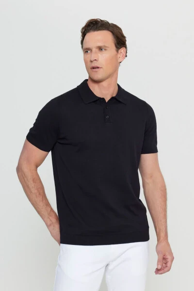 %100 Pamuk Standart Fit Normal Kesim Polo Yaka Triko Beyaz Triko Tişört-Siyah - 3