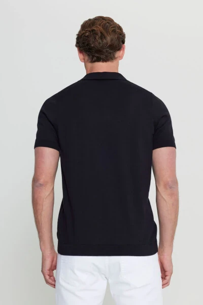 %100 Pamuk Standart Fit Normal Kesim Polo Yaka Triko Beyaz Triko Tişört-Siyah - 5