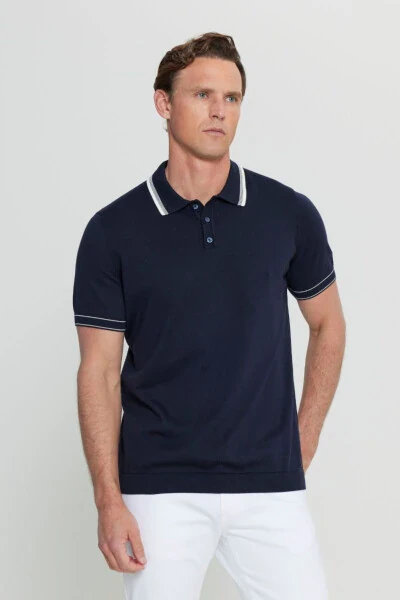 %100 Pamuk Standart Fit Normal Kesim Polo Yaka Triko Koyu Lacivert Triko Tişört - ALTINYILDIZ CLASSICS (1)