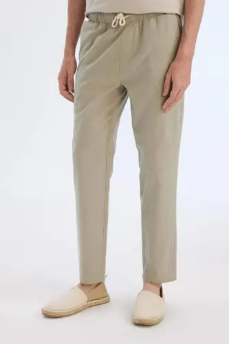 %100 Pamuk Keten Görünümlü Yazlık Jogger Pantolon Dar Paça Beli Bağcıklı Lastikli Cepli Z6475AZ24SP - Haki-KH404 - 5