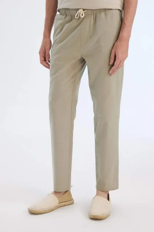 %100 Pamuk Keten Görünümlü Yazlık Jogger Pantolon Dar Paça Beli Bağcıklı Lastikli Cepli Z6475AZ24SP - Haki-KH404 - 5