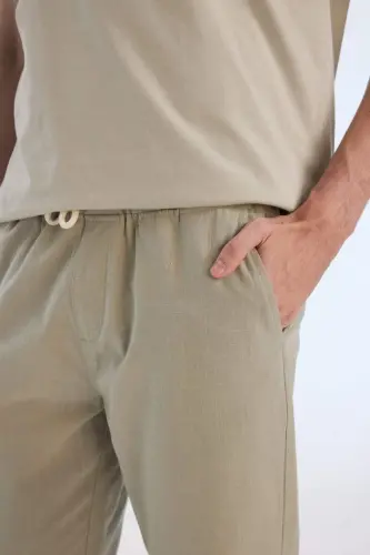 %100 Pamuk Keten Görünümlü Yazlık Jogger Pantolon Dar Paça Beli Bağcıklı Lastikli Cepli Z6475AZ24SP - Haki-KH404 - 6