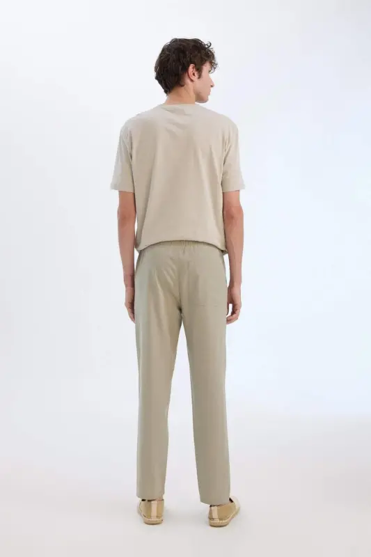 %100 Pamuk Keten Görünümlü Yazlık Jogger Pantolon Dar Paça Beli Bağcıklı Lastikli Cepli Z6475AZ24SP - Haki-KH404 - 7