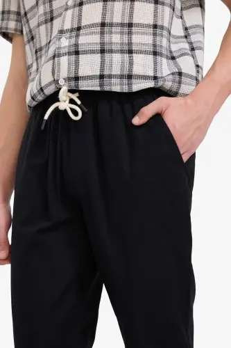 %100 Pamuk Yazlık Jogger Pantolon Dar Paça Beli Bağcıklı Lastikli Cepli Z6475AZ24SP - Siyah-BK81 - 5