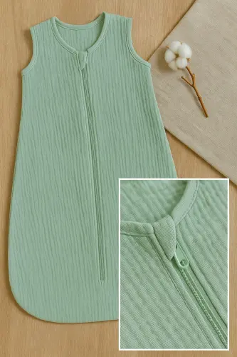 %100 Pamuk Yenidoğan Bebek Yazlık Muslin Kundak Tulum ve Uyku Tulumu – Mint Yeşili, Çift Fermuar-Yeşil - 3