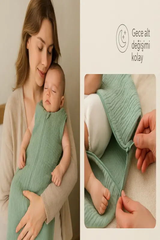 %100 Pamuk Yenidoğan Bebek Yazlık Muslin Kundak Tulum ve Uyku Tulumu – Mint Yeşili, Çift Fermuar-Yeşil - 5
