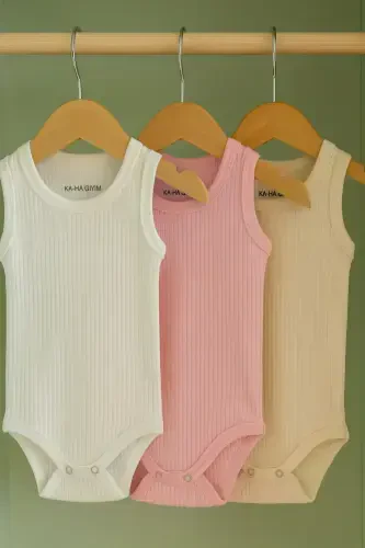 %100 Pamuklu 3'lü Çıtçıtlı Bebek Body Zıbın / Pamuklu Bebek Atlet / Bebek Çıtçıtlı / Organik-somon krem beyaz - 1