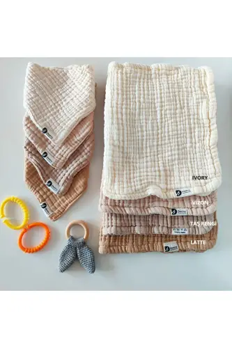 %100 Pamuklu 8 Kat Muslin Kumaş Üç Çıtçıtlı 4'lü Bebek Mama Önlüğü Ve Gaz Çıkarma Omuz Örtüsü Set - 1