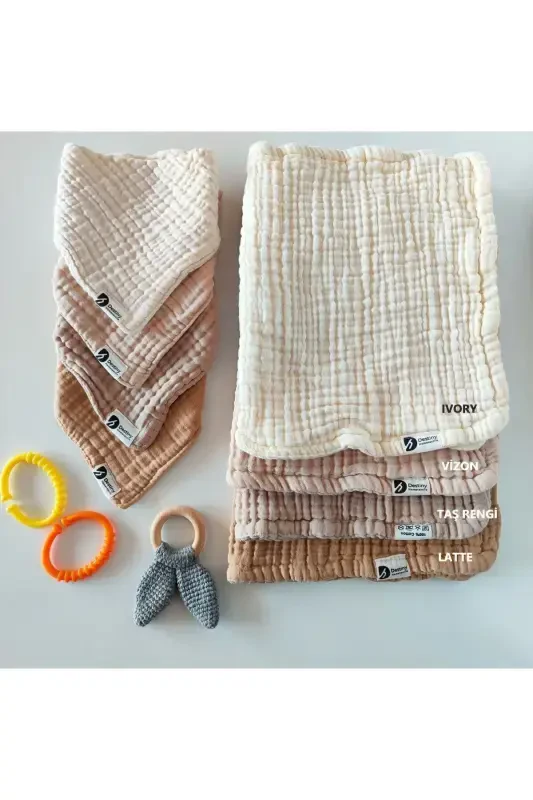 %100 Pamuklu 8 Kat Muslin Kumaş Üç Çıtçıtlı 4'lü Bebek Mama Önlüğü Ve Gaz Çıkarma Omuz Örtüsü Set - DESTINYHOMETEX