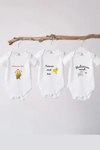 %100 Pamuklu Bebek Body - 3'lü Hala Set - Yazılı Zıbın - BEYAZ - 5