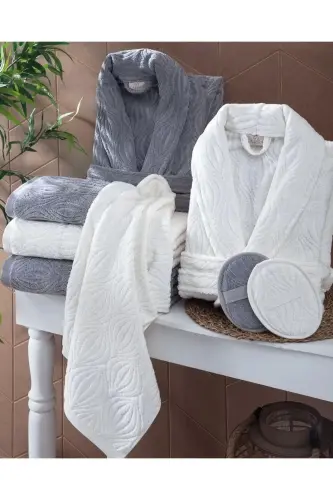 %100 Pamuklu Çeyizlik 8 Parça Gramajlı Midye Desen Aile Bornoz Takımı - Gri-Krem 