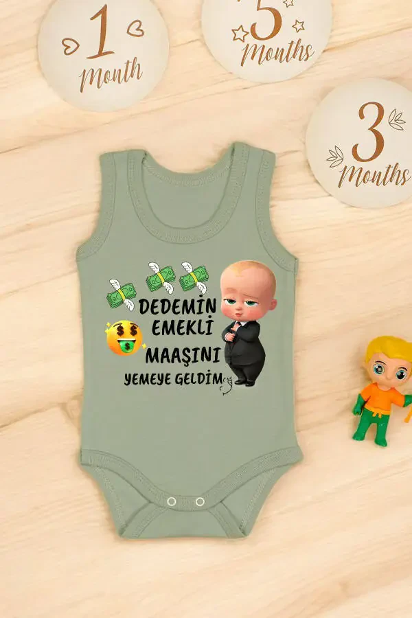 %100 Pamuklu Dedemim Emekli Maaşını Yemeye Geldim Baskılı Yumuşak Doku Baskılı Zıbın & Body-Haki - 1