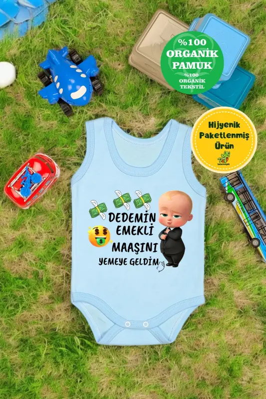 %100 Pamuklu Dedemim Emekli Maaşını Yemeye Geldim Baskılı Yumuşak Doku Baskılı Zıbın & Body - MAVİ - 1