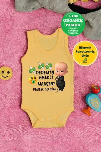 %100 Pamuklu Dedemim Emekli Maaşını Yemeye Geldim Baskılı Yumuşak Doku Baskılı Zıbın & Body - Sarı 