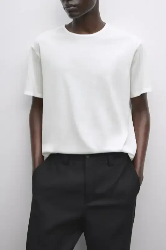 %100 pamuklu ince t-shirt-KREM - MASSIMO DUTTI