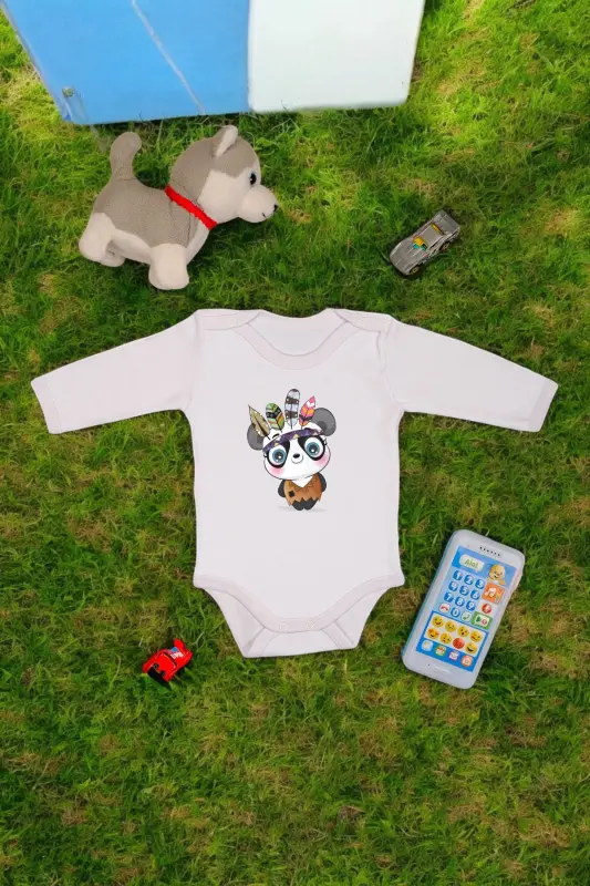 %100 Pamuklu Şaşkın Panda Baskılı Yumuşak Doku Baskılı Zıbın & Body - Beyaz - BEBETOSPIK