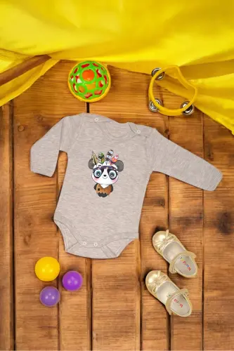 %100 Pamuklu Şaşkın Panda Baskılı Yumuşak Doku Baskılı Zıbın & Body - Gri 