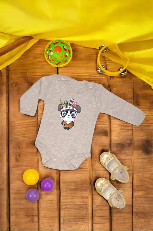 %100 Pamuklu Şaşkın Panda Baskılı Yumuşak Doku Baskılı Zıbın & Body-Gri - 1