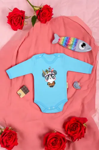 %100 Pamuklu Şaşkın Panda Baskılı Yumuşak Doku Baskılı Zıbın & Body-MAVİ - 1