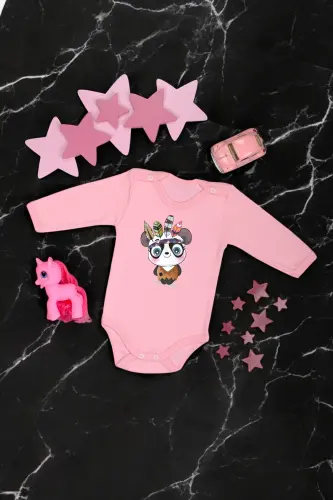 %100 Pamuklu Şaşkın Panda Baskılı Yumuşak Doku Baskılı Zıbın & Body-Pembe - 1