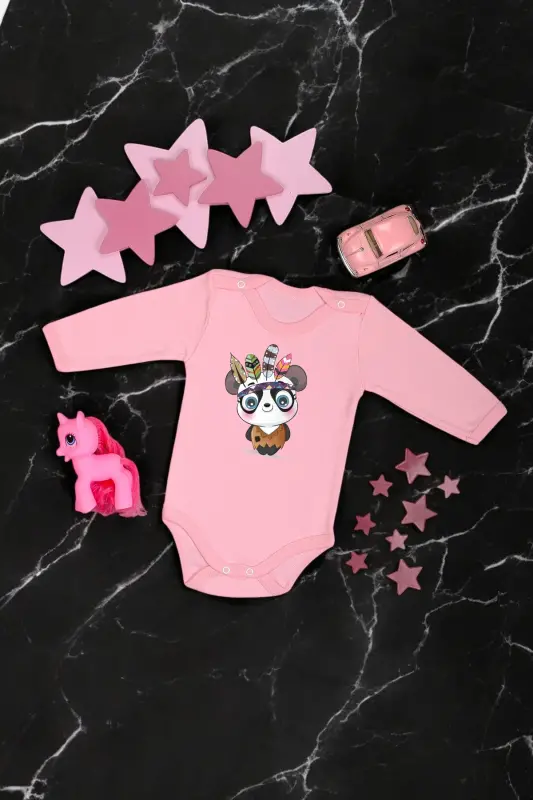 %100 Pamuklu Şaşkın Panda Baskılı Yumuşak Doku Baskılı Zıbın & Body-Pembe - 1