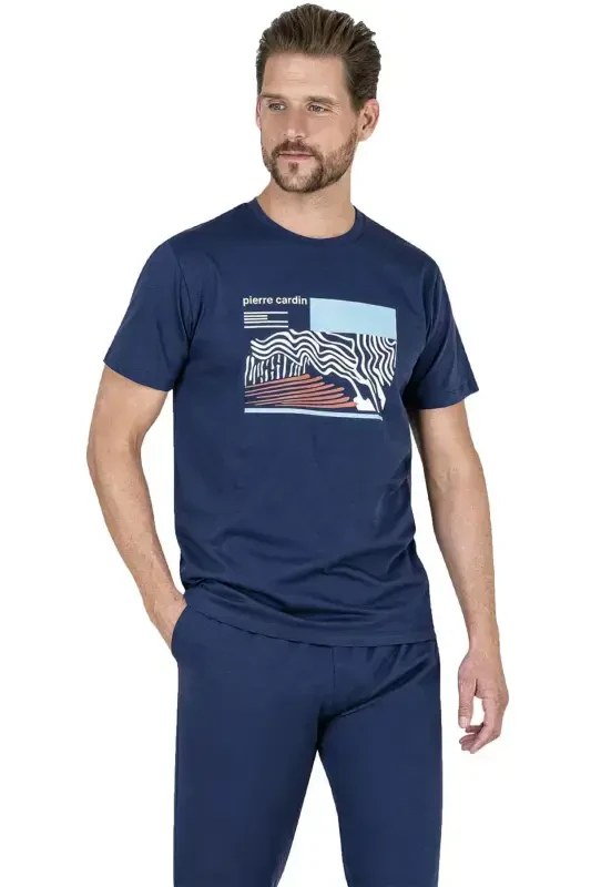 %100 Pamuklu Yazlık Erkek Pijama Takım, Ceplidir-indigo - Pierre Cardin