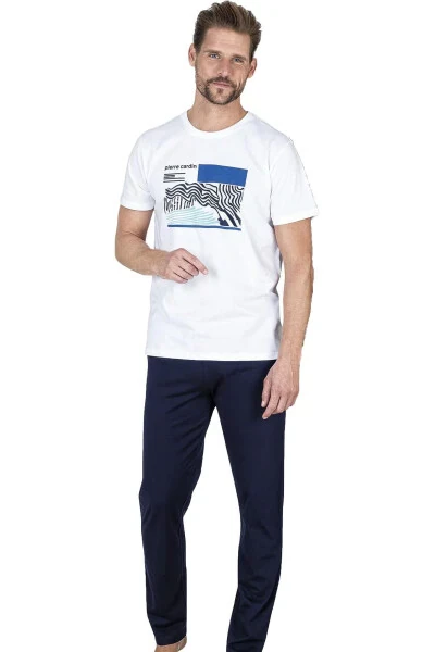 %100 Pamuklu Yazlık Erkek Pijama Takım, Ceplidir-Beyaz - 2