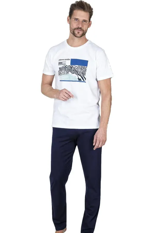 %100 Pamuklu Yazlık Erkek Pijama Takım, Ceplidir-Beyaz - 1
